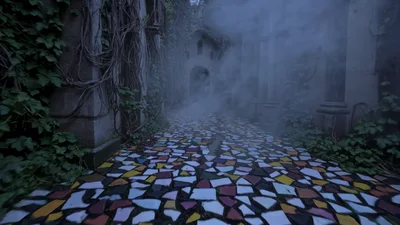 Foggy Path Through Ancient Ruined Stone Courtyard