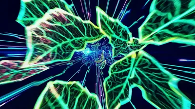 Digital Neon Leaves Flying Through Cybernetic Data Tunnel