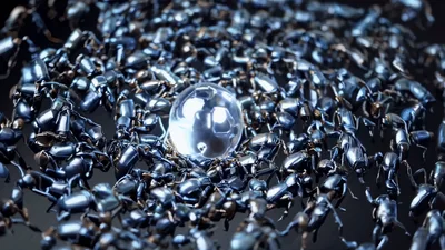 Metallic Beetles Swarming Around A Glowing Crystal Sphere