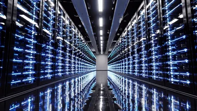Modern Data Center Server Room With Glowing Blue Lights