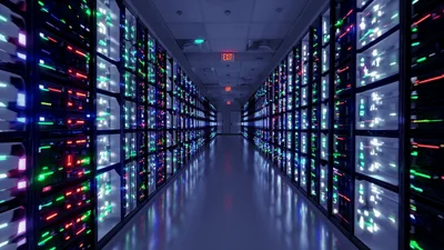Modern Data Center Server Room With Flashing Indicator Lights