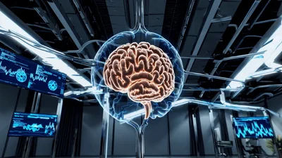 Digital Human Brain Model Floating In Futuristic Laboratory