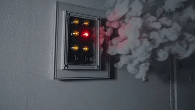 Industrial Control Panel With Warning Lights And Smoke