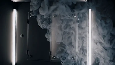 Thick White Smoke Swirling Around A Metal Door