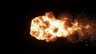 Large Fiery Explosion With Flying Sparks On Black Background