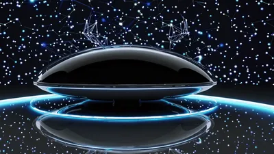 Futuristic Black UFO Hovering Over Glowing Digital Platform