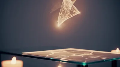 Glowing Geometric Hologram Floating Above Glass Table