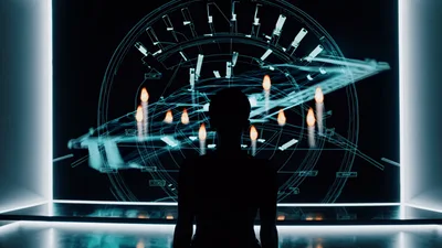 Silhouette Of Person Observing Digital Holographic Interface