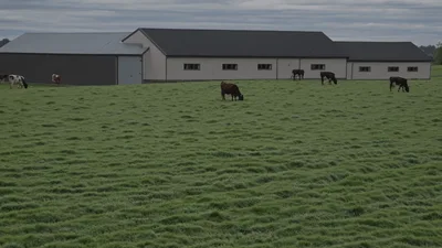 Cattle Grazing In A Green Pasture Near Farm Buildings