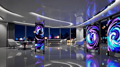 Modern Virtual Studio Set With Rotating Abstract Digital Screens