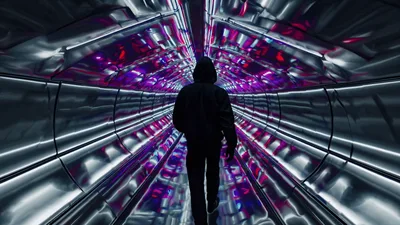 Hooded Figure Walking Through Futuristic Metallic Tunnel
