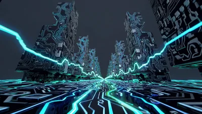 Digital Circuit Board Cityscape With Glowing Data Streams