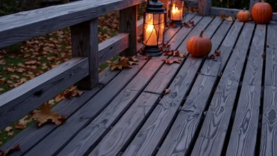 Autumnal Wooden Deck Decorated With Lanterns And Pumpkins