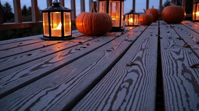 Halloween Pumpkins And Lanterns Glowing On Wooden Deck