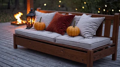 Cozy Outdoor Bench With Pumpkins And Fireplace