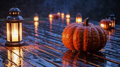Glowing Halloween Pumpkins and Lanterns on Wet Wooden Deck