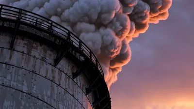 Industrial Cooling Tower Emitting Thick Steam At Sunset