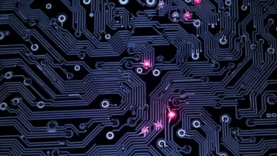 Glowing Red Data Signals Moving Across Circuit Board