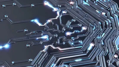 Digital Circuit Board With Glowing Data Transfer Pulses