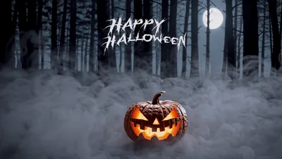 Glowing Jack O Lantern In Misty Forest At Night