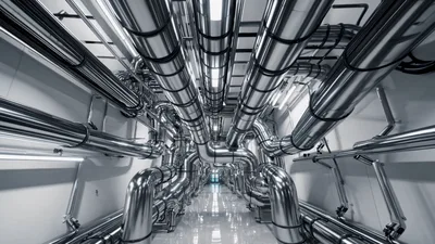 Industrial Corridor With Shiny Metallic Pipes And Reflective Flooring