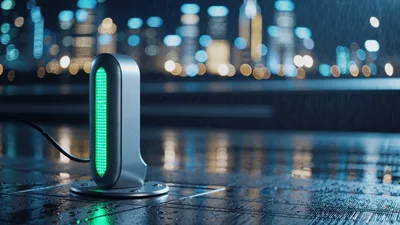 Electric Vehicle Charging Station Glowing In Rainy City