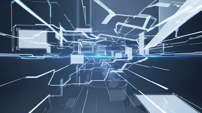 Digital Data Network Tunnel With Glowing Geometric Frames