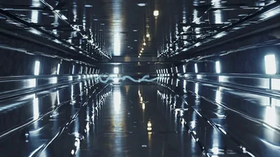 Futuristic Metallic Tunnel With Glowing Neon Wave Animation