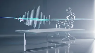 Chrome Robot Interacting With Digital Audio Waveform Visualization