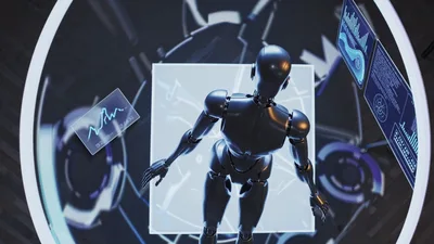 Futuristic Android Being Analyzed By Digital Holographic Interface