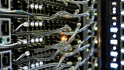 Data Center Server Rack With Blinking Network Cables
