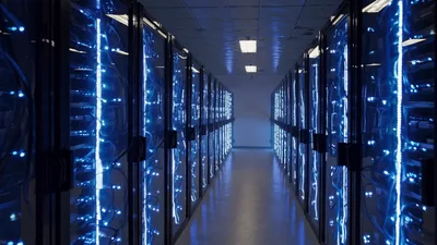 Server Room Corridor With Glowing Blue LED Lights