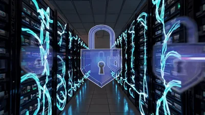 Digital Security Padlocks Floating In Server Room Corridor