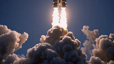 Heavy Lift Rocket Launching Into Clear Blue Sky