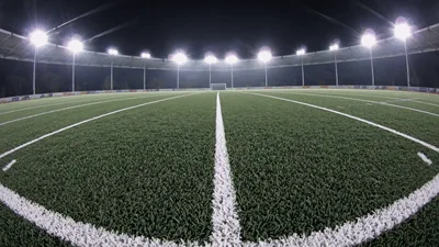 Empty Soccer Field Under Bright Stadium Floodlights At Night