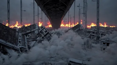 Apocalyptic Cityscape With Collapsed Buildings And Burning Horizon