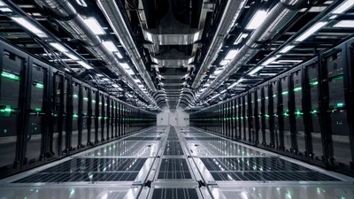 Modern Data Center Server Room With Glowing Green Lights