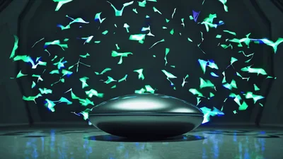 Futuristic Metallic Pod Surrounded By Floating Glowing Geometric Shards