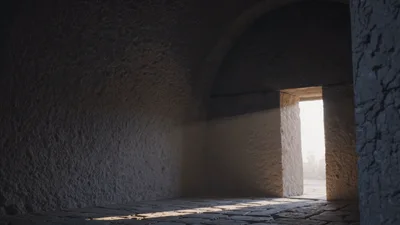 Sunlight Streaming Through Ancient Stone Archway Entrance