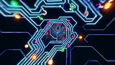 Digital Circuit Board Tunnel With Glowing Data Particles