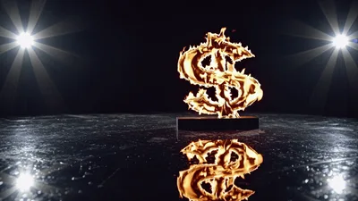 Burning Dollar Sign Symbol On Reflective Surface