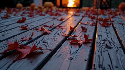Red Autumn Leaves Scattered On A Wet Wooden Deck