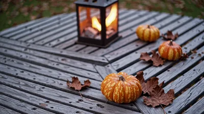 Small Decorative Pumpkins And Lantern On Wooden Table