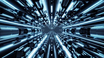 Futuristic Tunnel With Glowing Blue Neon Lights