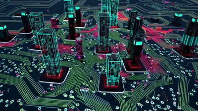 Digital Circuit Board Cityscape With Glowing Data Towers