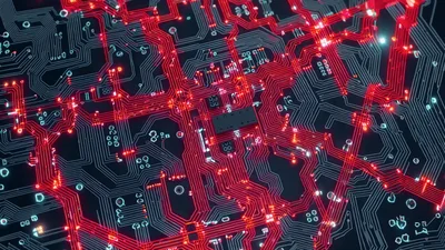 Digital Circuit Board With Glowing Red Data Streams