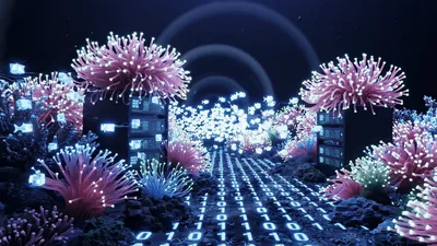Digital Data Servers Surrounded By Bioluminescent Coral Reef