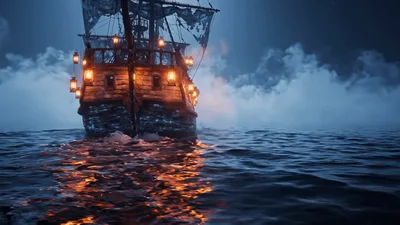 Ghostly Pirate Ship Sailing Through Foggy Night Sea