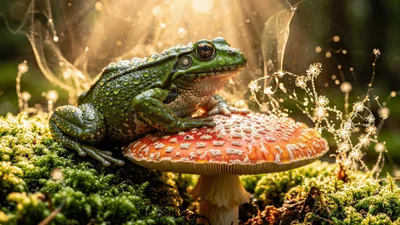 Green Frog Resting On A Spotted Mushroom In Forest