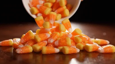 Candy Corn Pouring From White Bowl Onto Table